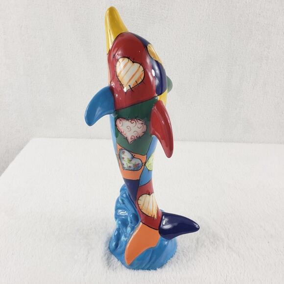 Dolphin Figurine Hand Painted with Quilt Pattern and Sewn on Hearts 12" - Picture 2 of 8